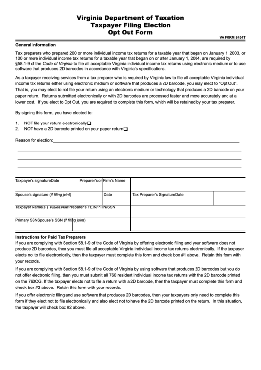 Form 8454t - Taxpayer Filing Election Opt Out Form - Virginia Department Of Taxation - Virginia Printable pdf