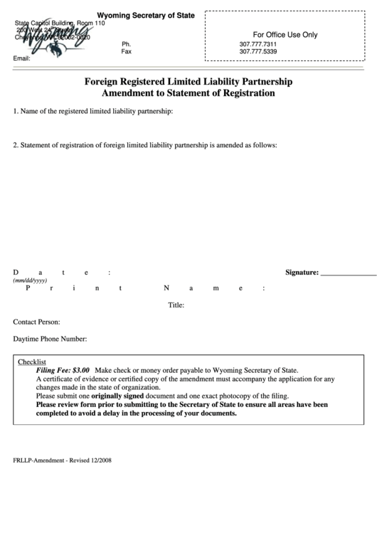 Fillable Foreign Registered Limited Liability Partnership Amendment To Statement Of Registration Form -2008 Printable pdf