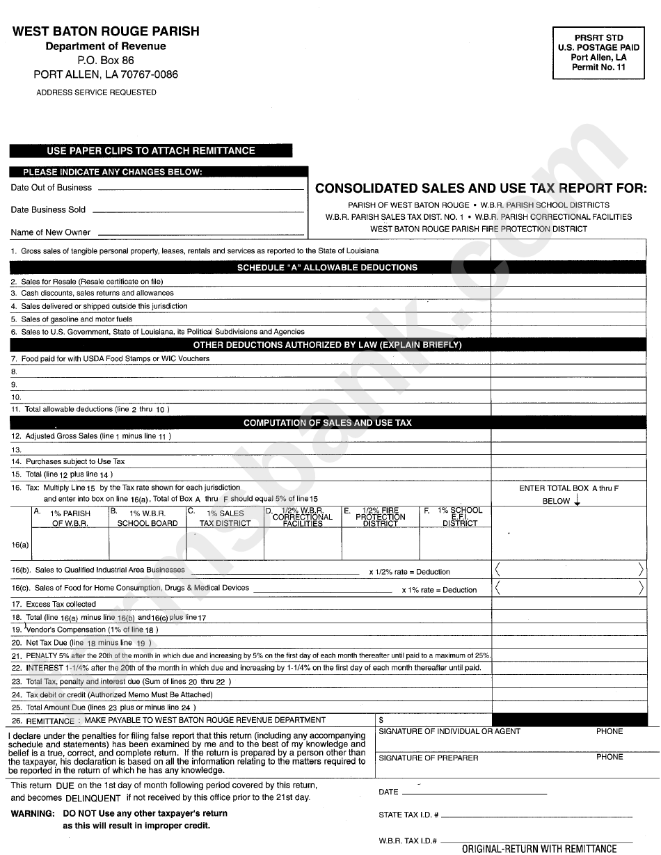 Consolidated Sales And Use Tax Report Form - West Baton Rouge Parish