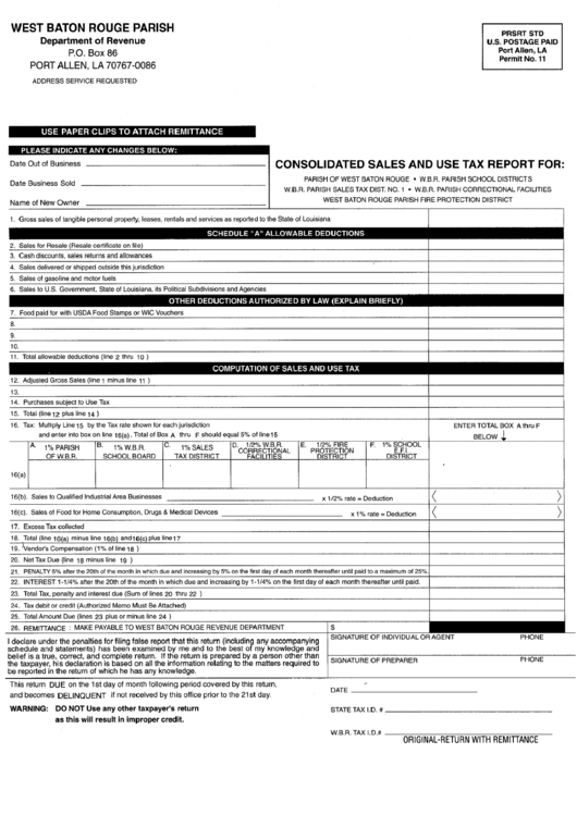 Consolidated Sales And Use Tax Report Form - West Baton Rouge Parish Printable pdf