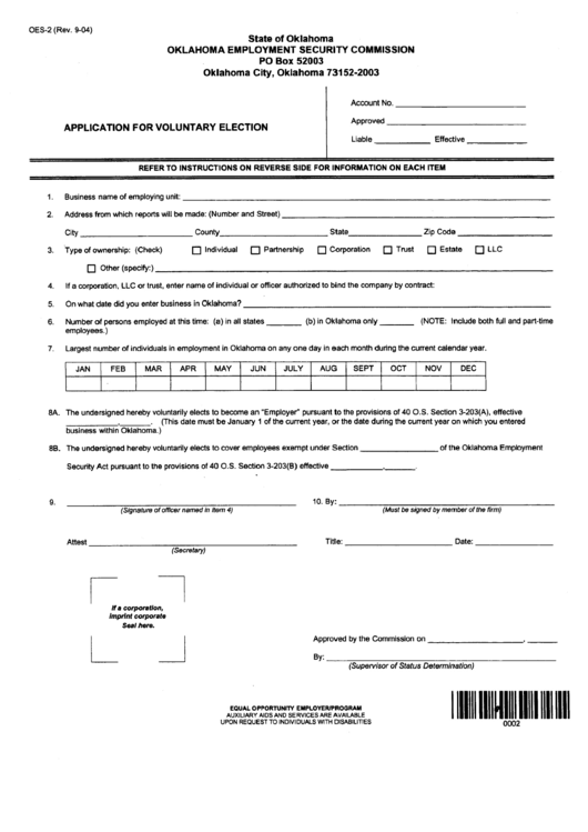 Form Oes-2 - 2004 - Application For Voluntary Election - Oklahoma Employment Security Commission Printable pdf