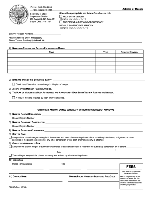 Fillable Form Cr137 - Article Of Merger Printable pdf