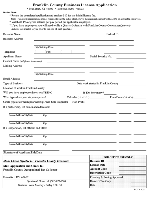 Franklin County Business License Application Form - Franklin County - Kentucky Printable pdf