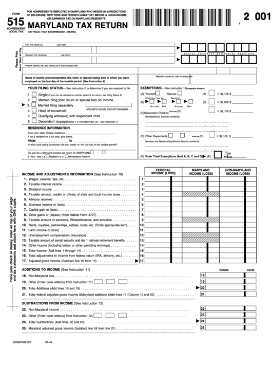Fillable Form 515 - Maryland Tax Return - 2001 Printable pdf