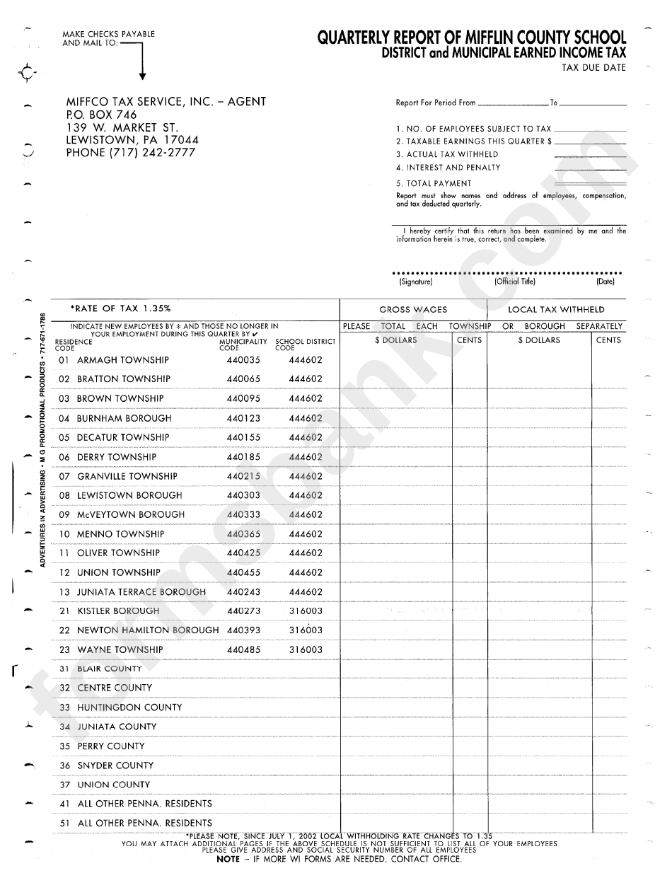 Form W-1 - Quarterly Report On Earned Income Tax
