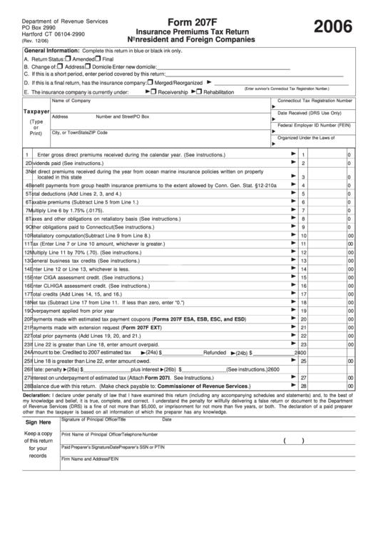 Form 207f - Insurance Premiums Tax Return Nonresident And Foreign Companies Form - State Of Connecticut 2006 Printable pdf