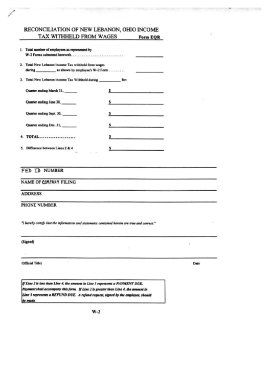 Form Eqr-W-3 - Reconciliation Of Income Tax Withheld Printable pdf