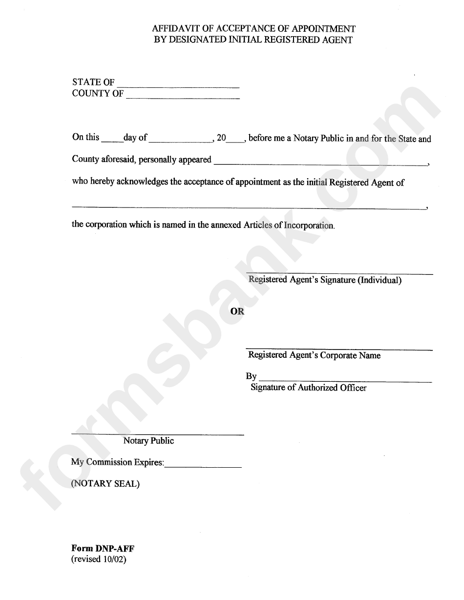 Form Dnp-Aff - Affidavit Of Acceptance Of Appointment By Designated Intial Registrated Agent