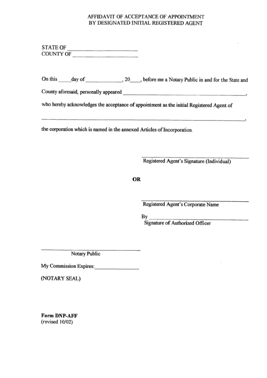 Form Dnp-aff - Affidavit Of Acceptance Of Appointment By Designated Intial Registrated Agent