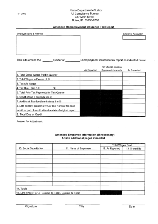 Form I-71-20-C - Amended Unemployment Insurance Tax Report Printable pdf