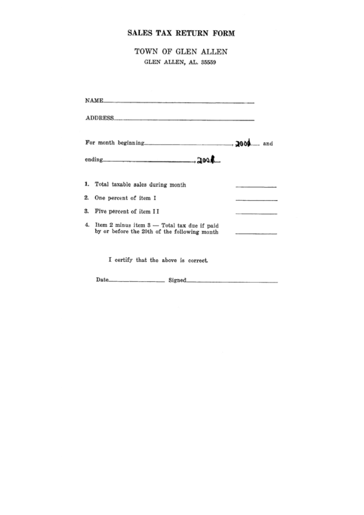 Sales Tax Return Form 2001 - Town Of Glen Allen Printable pdf