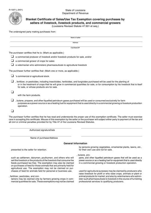 Fillable Form R-1007-L - Blanket Certificate Of Sales/use Tax Exemption Covering Purchases By Sellers Of Livestock, Livestock Products, And Commercial Growers Printable pdf