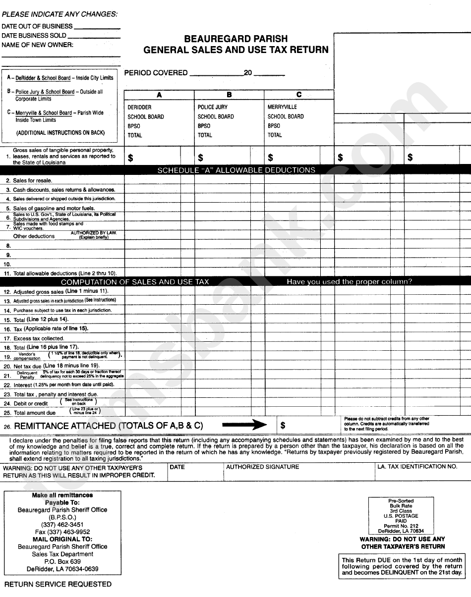 General Sales And Use Tax Return Form - Beauregard Parish