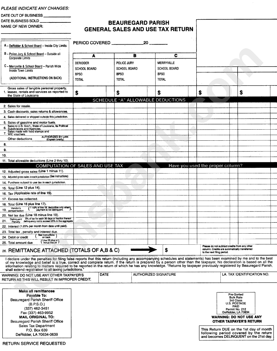 General Sales And Use Tax Return Form Beauregard Parish Printable Pdf 