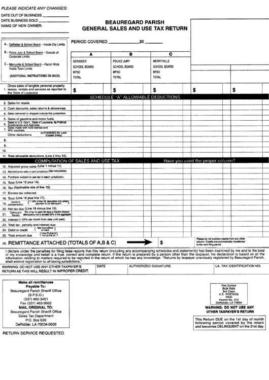 General Sales And Use Tax Return Form - Beauregard Parish Printable pdf
