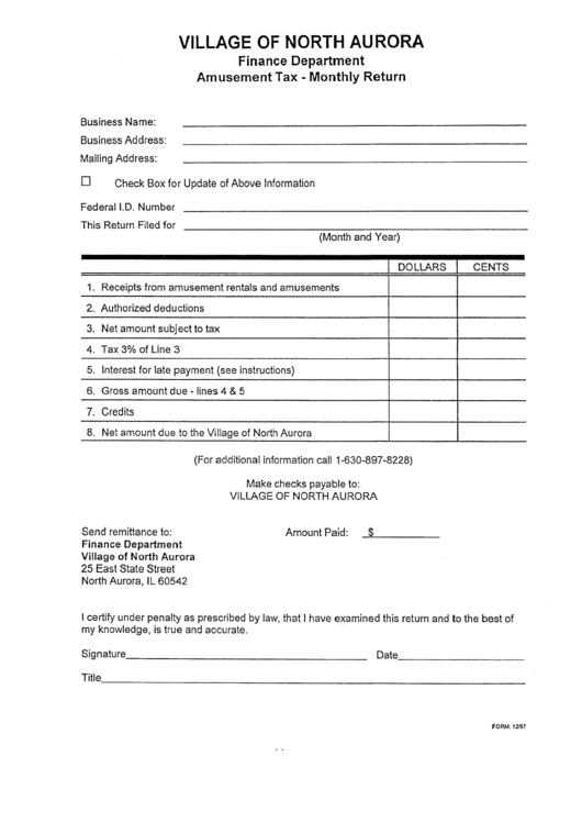 Amusement Tax - Monthly Return Form - Village Of North Aurora Printable pdf