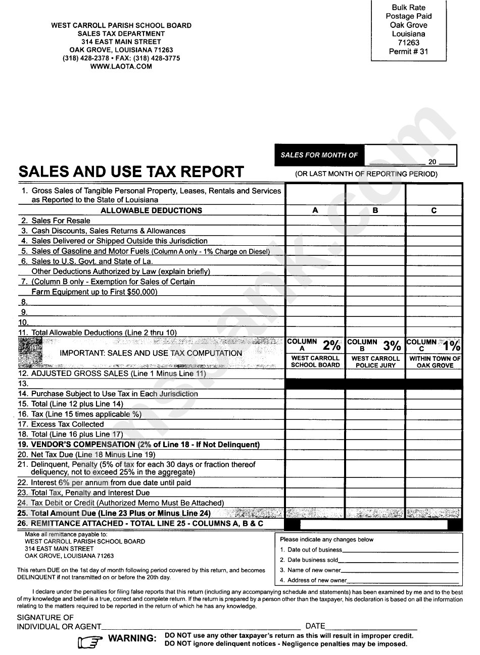 Sales And Use Tax Report Form - West Carroll Parish School Board