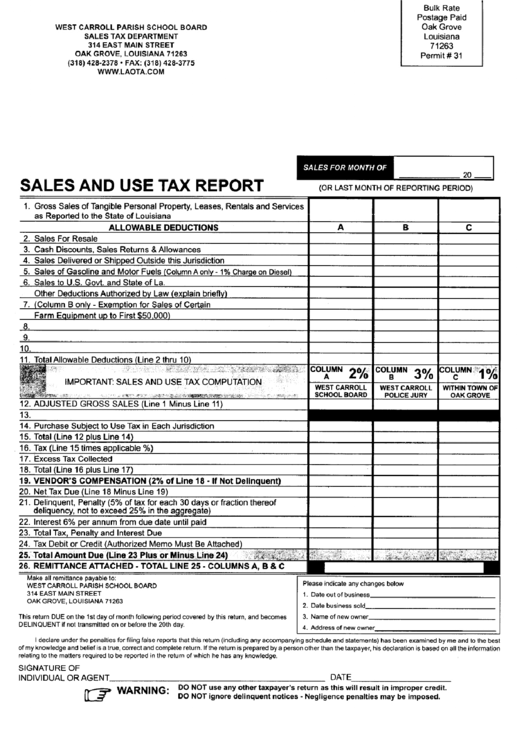 Sales And Use Tax Report Form - West Carroll Parish School Board Printable pdf