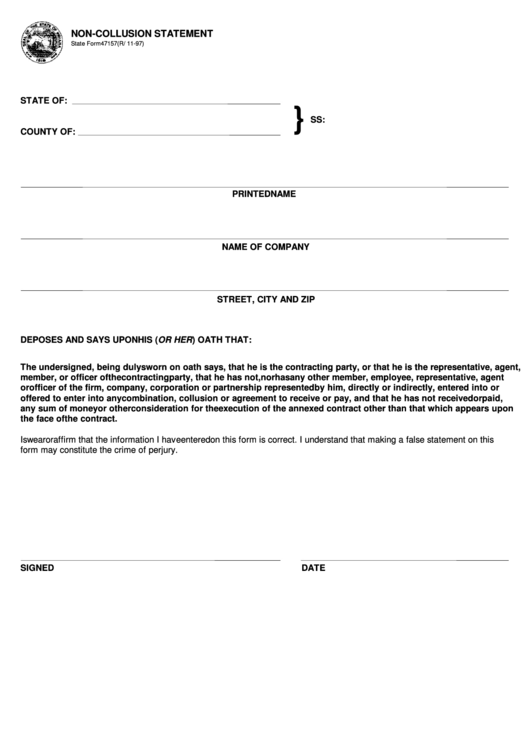 Fillable Form 47157 - Non-Collusion Statement Printable pdf