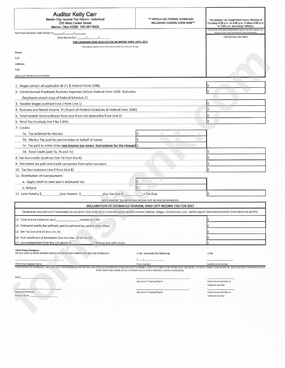 Download Marion City Income Tax Return - Individual Form printable pdf download