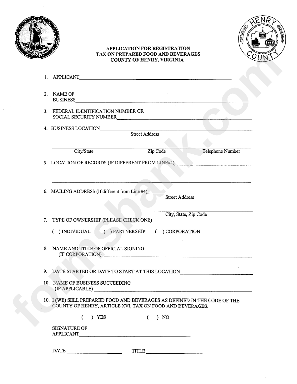 Application For Registration Tax On Prepared Food And Beverages Form - County Of Henry, Virginia