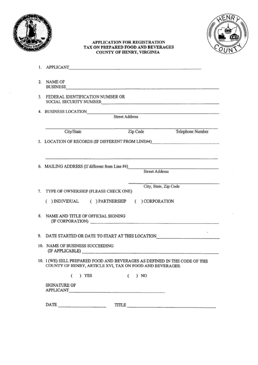 Application For Registration Tax On Prepared Food And Beverages Form - County Of Henry, Virginia Printable pdf