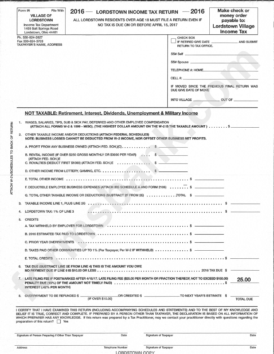 Form Ir - Lordstown Income Tax Return Form