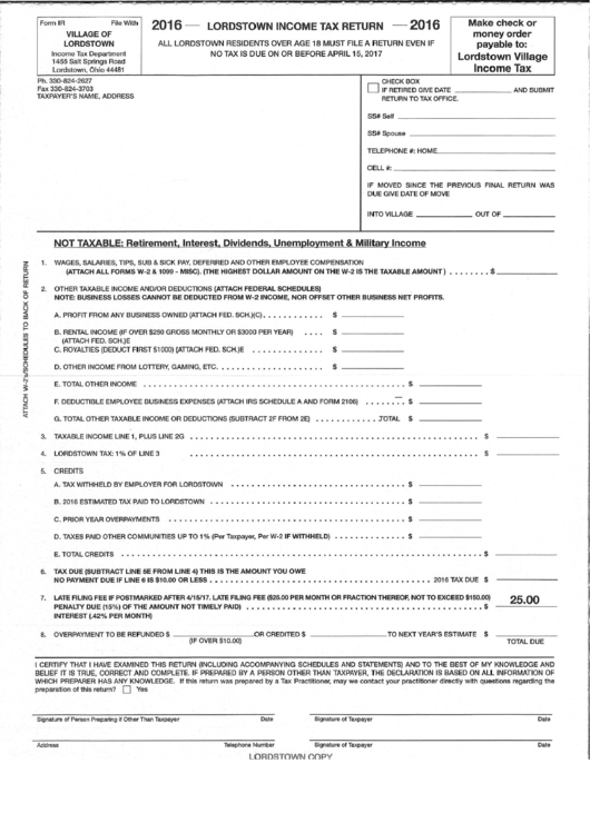 Form Ir - Lordstown Income Tax Return Form Printable pdf