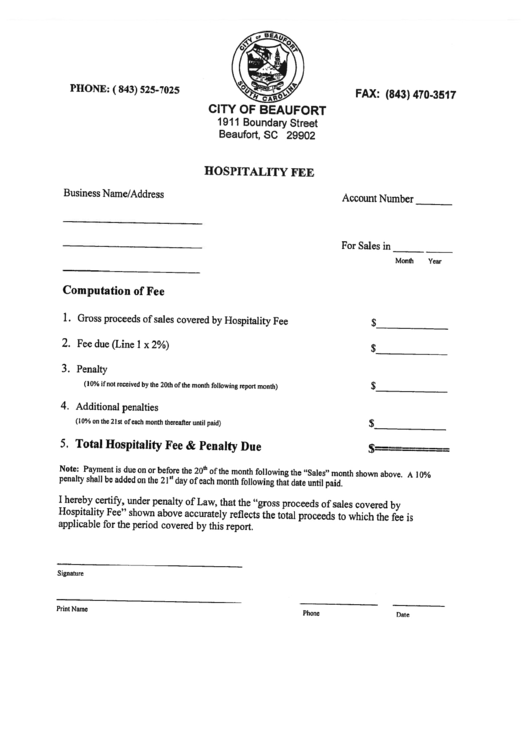 Hospitality Fee Form - City Of Beaufort Printable pdf
