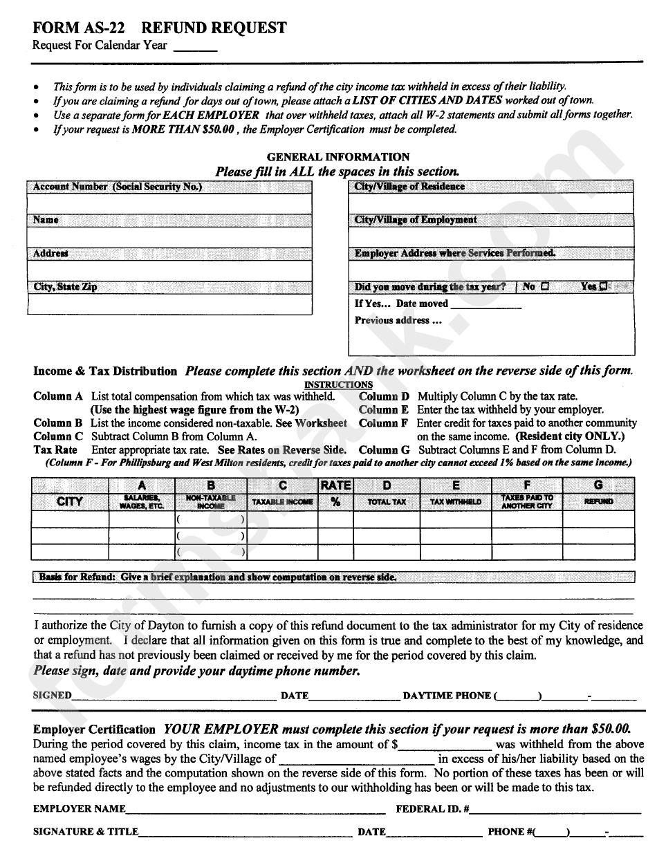 Form As-22 - Refund Request Form