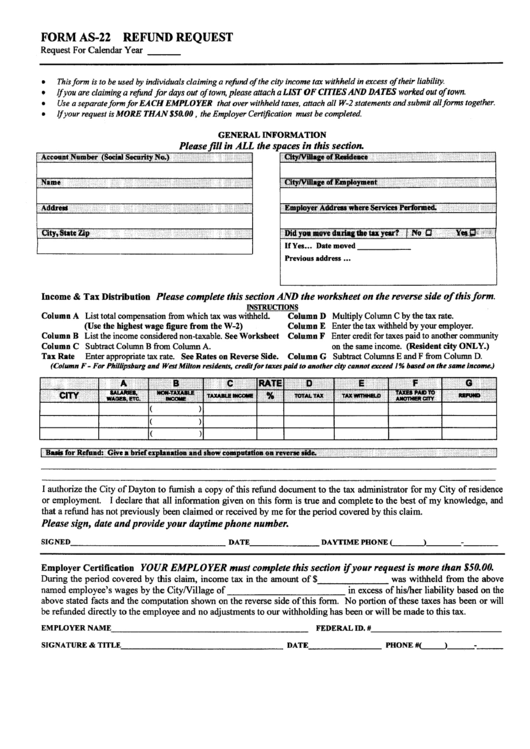 Form As-22 - Refund Request Form Printable pdf