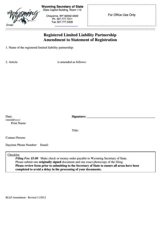 Fillable Registered Limited Liability Partnership Amendment To Statement Of Registration Form - 2012 Printable pdf