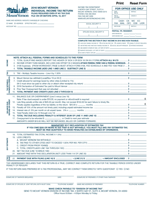 Download Fillable Mount Vernon Individual Income Tax Return Form printable pdf download
