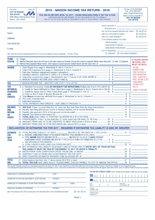 Form Ir - Mason Individual Return Form - 2016 Printable pdf