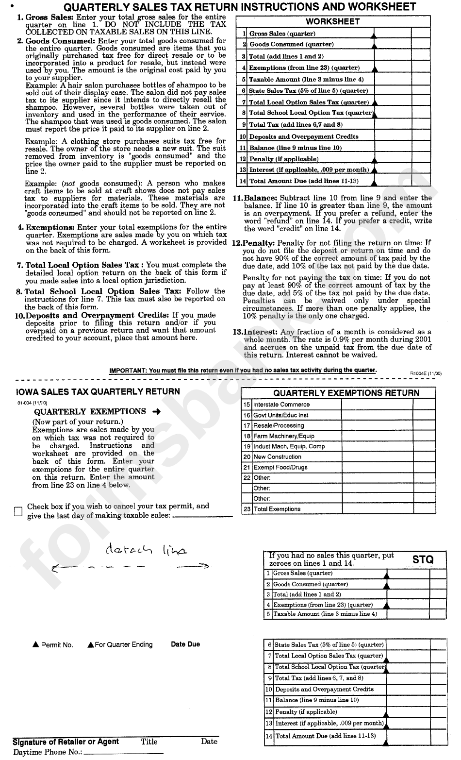 Quarterly Sales Tax Return Form - Instructions And Worksheet
