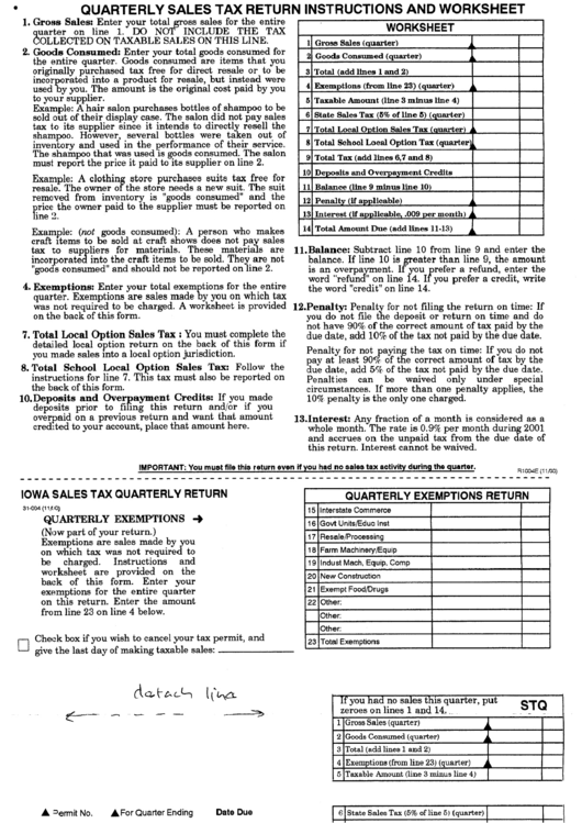 Quarterly Sales Tax Return Form - Instructions And Worksheet Printable pdf