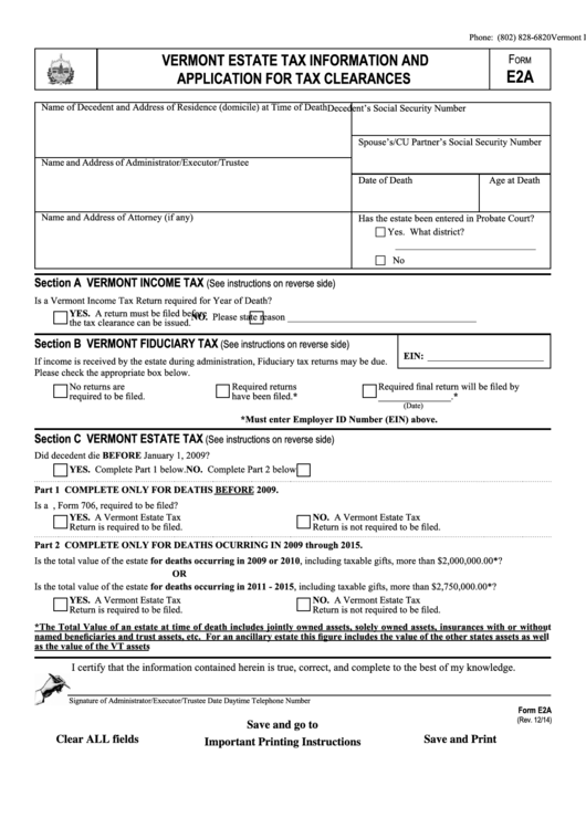 Fillable Form E2a - Vermont Estate Tax Information And Application For Tax Clearances Printable pdf