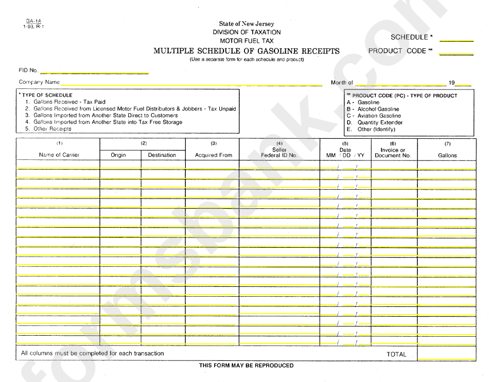 Form Ga-1a - Motor Fuel Tax Multiple Schedule Of Gasoline Receipts