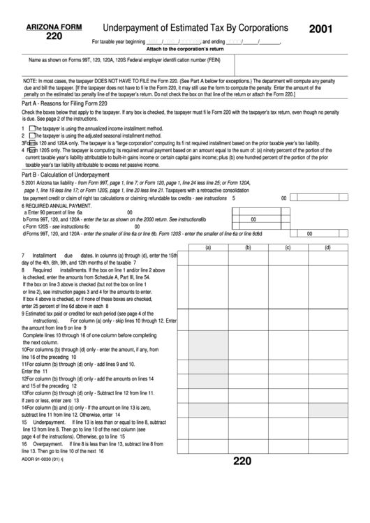 Arizona Form 220 - Underpayment Of Estimated Tax By Corporations - 2001 