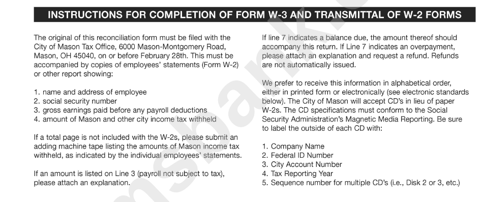 Form W-3 - Mason Withholding Tax Reconciliation For Tax Year - 2017