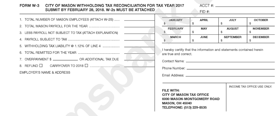 Form W-3 - Mason Withholding Tax Reconciliation For Tax Year - 2017