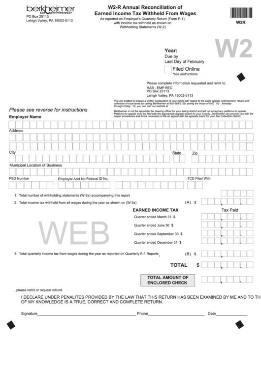 Fillable Form W2-R - Annual Reconciliation Of Earned Income Tax Withheld From Wages Printable pdf