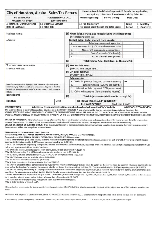 Sales Tax Return Form - City Of Houston - Alaska Printable pdf