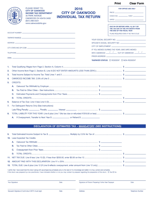 Fillable Oakwood Individual Tax Return Form - 2016 Printable pdf