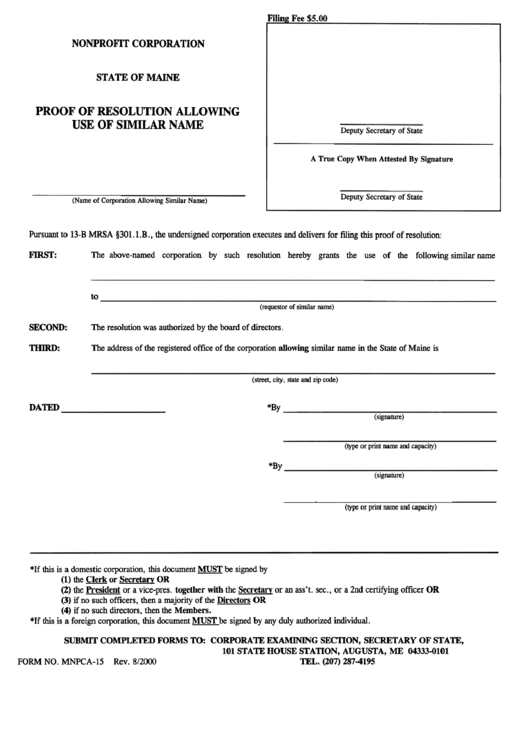 Form Mnpca-15 - Proof Of Resolation Allowing Use Of Similar Name Printable pdf