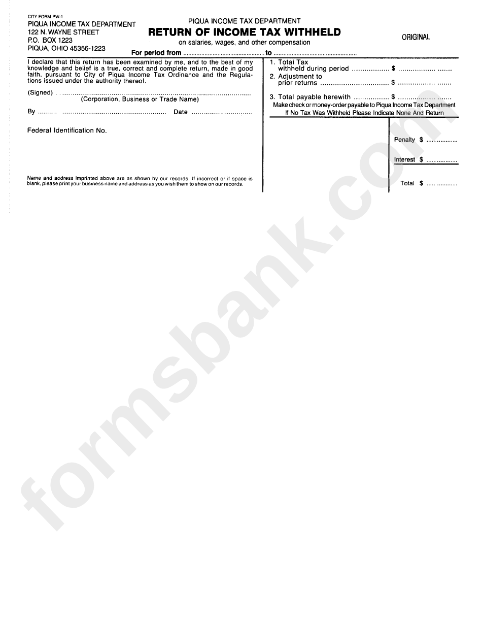 Form Pw1 Return Of Tax Withheld Piqua printable pdf download