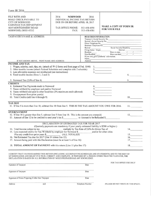 Form Ir - Nordwood Individual Tax Return - 2016 Printable pdf