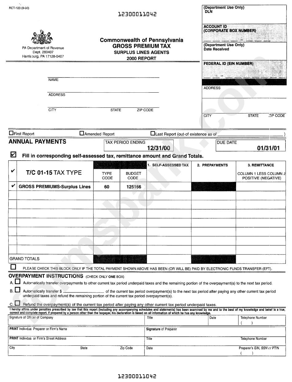 Form Rct-123 - Gross Premium Tax 200