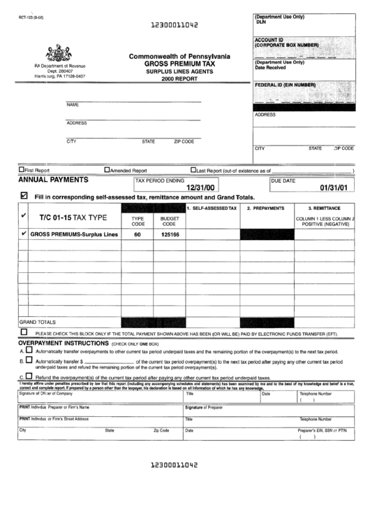 Form Rct-123 - Gross Premium Tax 200 Printable pdf