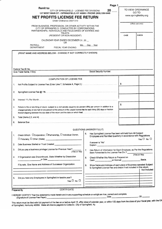 Net Profits License Fee Return Form - City Of Springfield Printable pdf